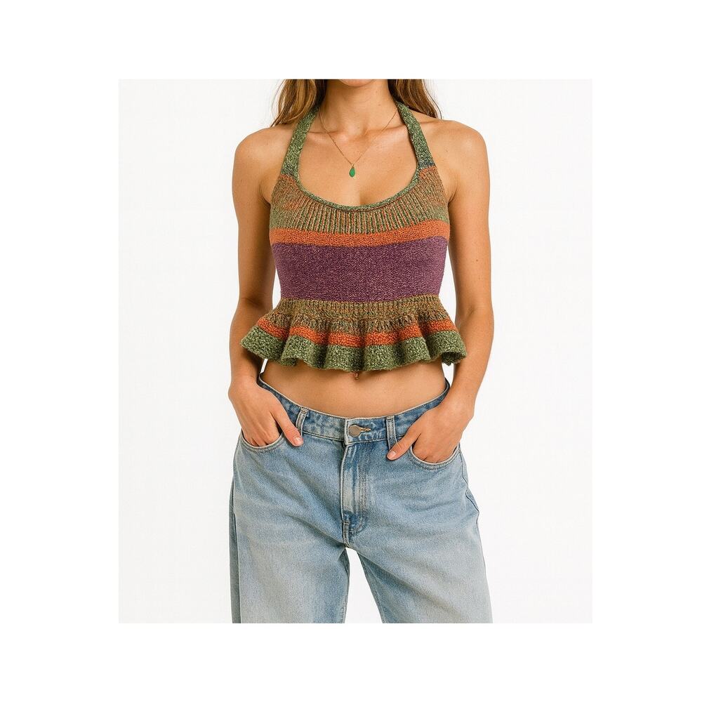 Vintage Knit Colorful Halter Top Ruffle Peplum Hippie Festival Retro Crochet